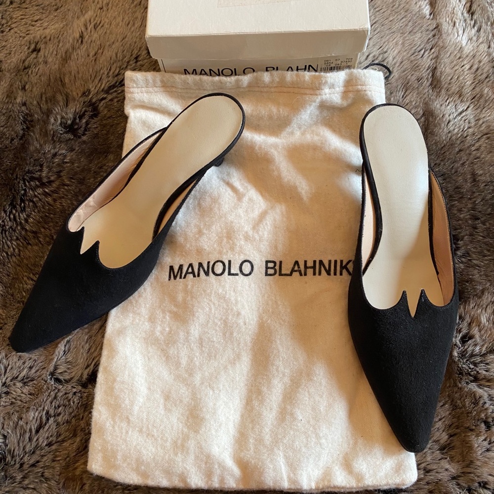Manolo Blahnik Black Suede Kitten Mules